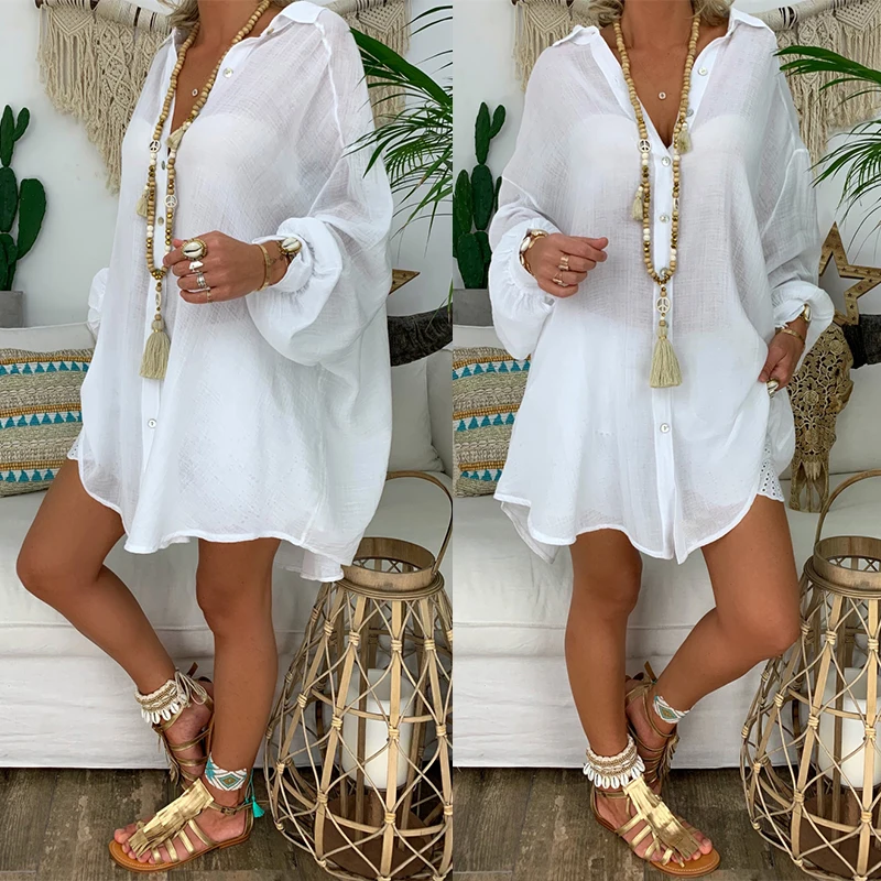 

2022 New Loose Women Cover Ups Swimwear White Beach Dress Cotton Beach Kimono Coverups for Women Swimsuit Cover Up Beach Woman