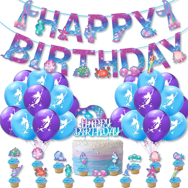 

1 Set Mermaid Theme Birthday Balloon Cake Topper Decoration Kids Baby Shower Decoration Latex Balloon Happy Birthday Decoration