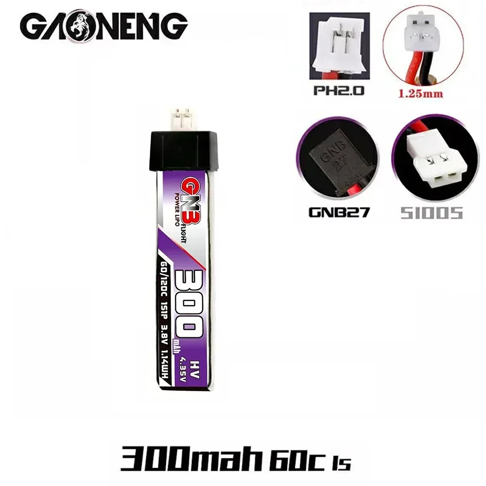 

10PCS GAONENG GNB 1S 300mAh 3.8V 60C HV Lipo Battery PH2.0/1.25/GNB27/51005 Plug For US65 Inductrix Beta65S Tiny Whoop Drone
