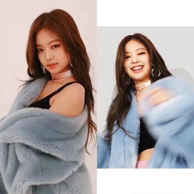

Jennie Kpop Women's Blue Fleece Warm V-neck Long Sleeve Plush Jacket Winter Korean Fashion Streetwear Harajuku Office Lady Coat