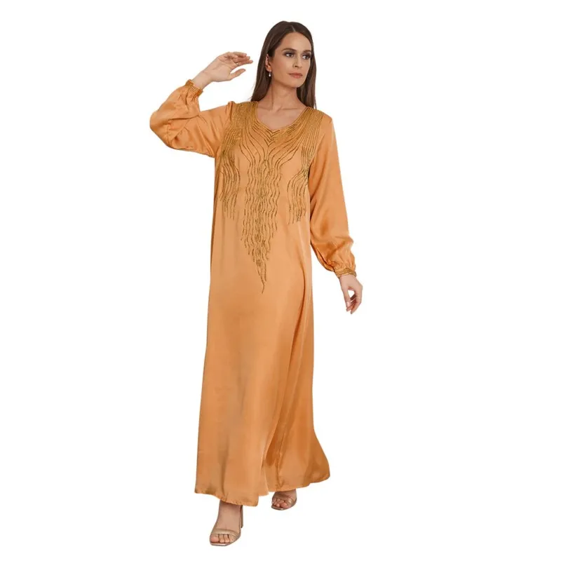 African Dress Elegant Women Loose Robe Muslim Maxi Dress Yellow Hot Diamond Long Sleeve Dress 2023 Casual Ethnic Costume Vestido