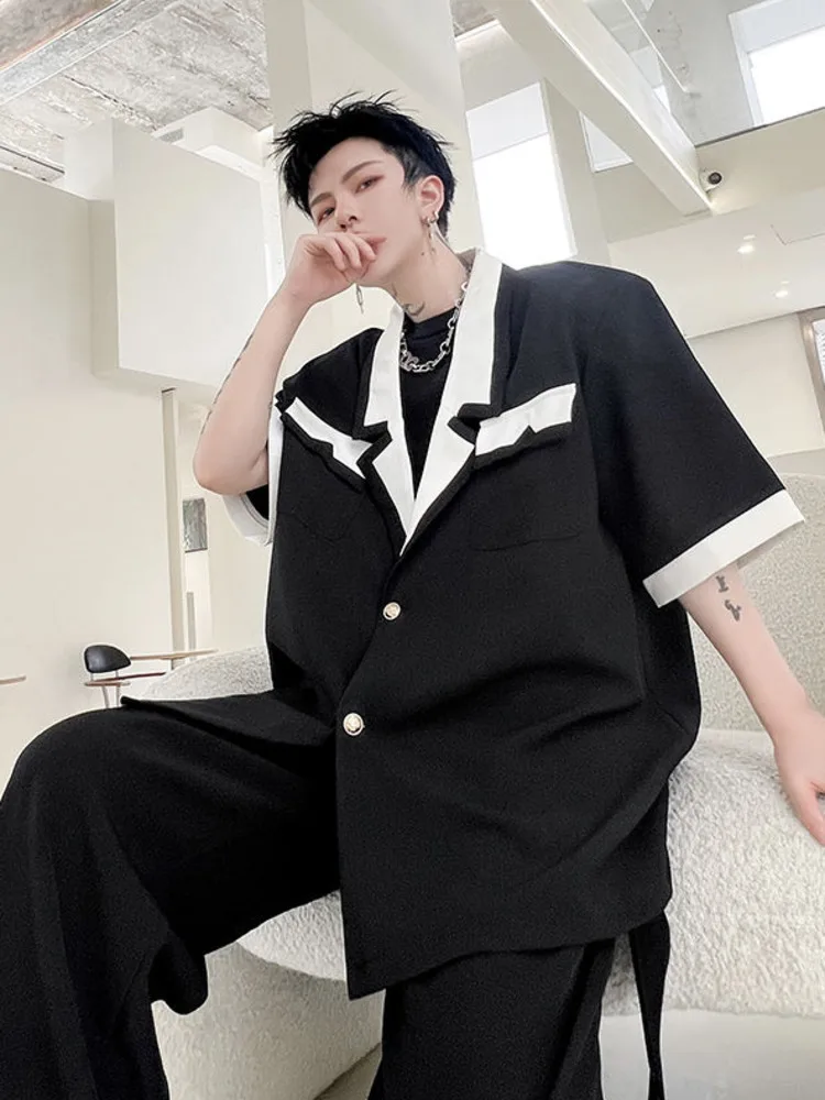 

SYUHGFA 2022 Summer Notched Collar Short Sleeve Shirt For Men White Black Patchwork Loose Casual Style T-shirt Tops Men Clothing