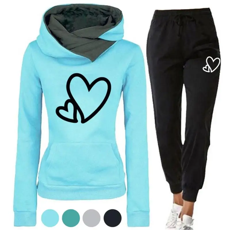 

2022 Winter Tracksuit Women Pullovers Hoodies+Black Pants Suit Female Heart Print Casual Full Length Trousers Outfits Clothing
