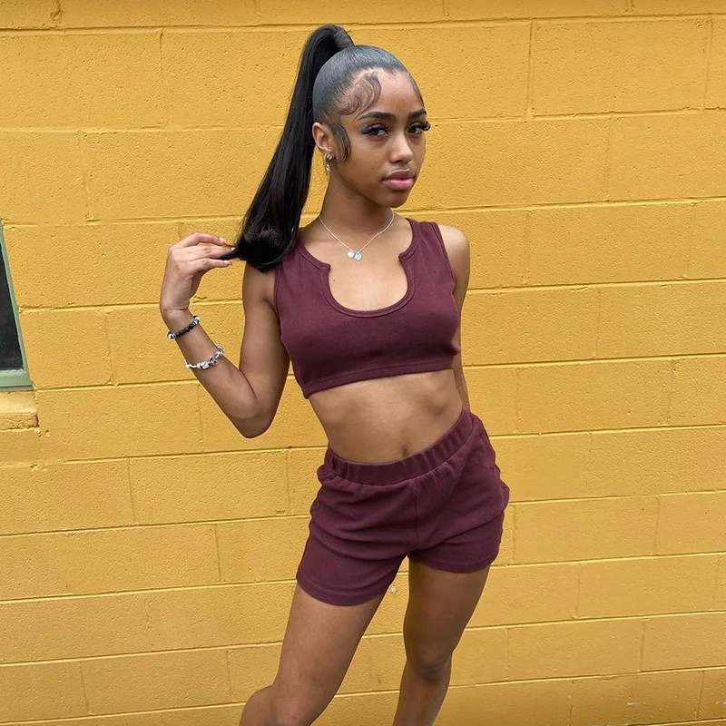 

Summer Casual Sport Shorts Set Women U-Neck Sleeveless Vest Solid Color High Waist Slim Shorts Two Piece Set Wine Red Streetwear