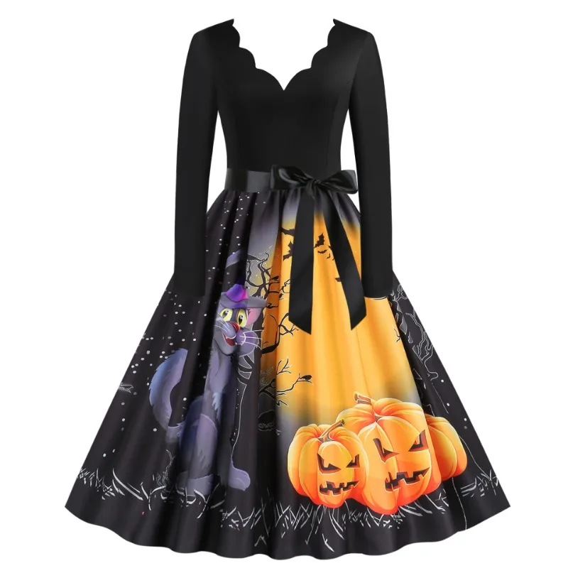 Женское Платье С Принтом Тыквы На Хэллоуин Повседневное Удобное V-образным