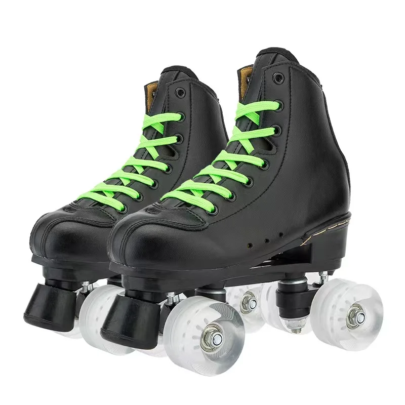 2022 New Women Men Black PU Leather Roller Skates Shoes Patines Sliding Inline Quad Skating Sneakers Training 4 Wheels