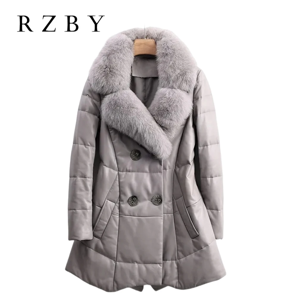 

Winter Down Jacket Women Long Fox Fur Collar Outwear Couro Legítimo Feminino Warm Double Breasted Sheepskin Leather RZBY2515