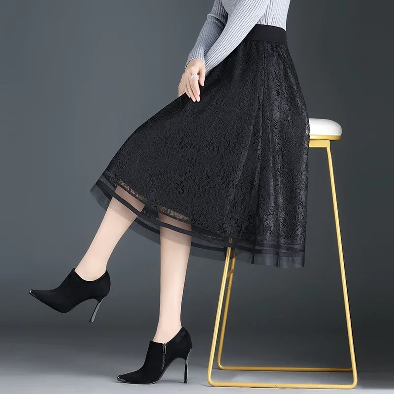 Женская черная кружевная плиссированная юбка на осень/зиму 2024 модная женская до