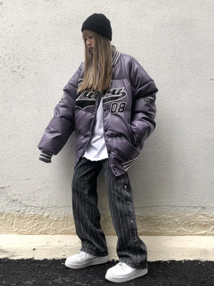 Fashion White PU Leather Letter Embroidered Jacket for Women 2022 Autumn Winter Casual Loose Hip-hop Baseball Jacket Streetwear