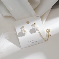 retro white rose flower pendant earrings for women simple flower asymmetric earrings new trendy ear bone clip jewelry