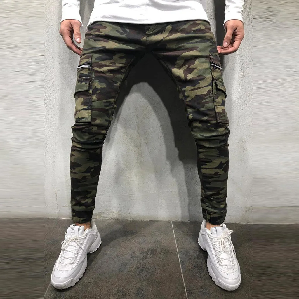 New Camouflage Cargo  Multi Pocket Mens Pants Small Feet Elastic Slim Fashion Camouflage Jeans for Men