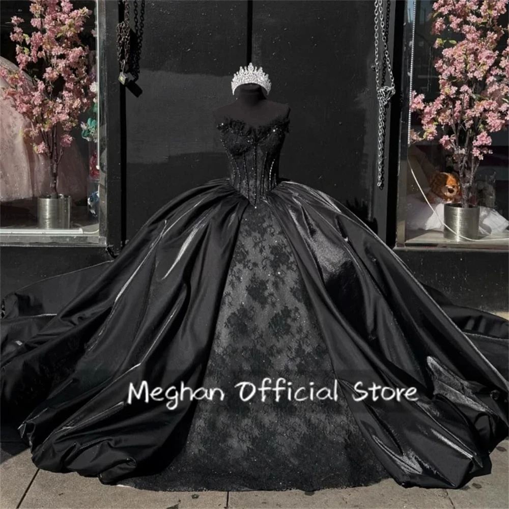 Черное кружевное платье принцессы Quinceanera бальное с длинными рукавами и бисером