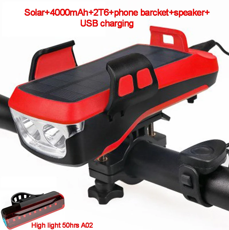 

Solar Power Bicycl Light 4000mAh USB T6 Led Cycling Front Lamp Phone Bracket Bike Headlight With Horn Speaker Riding Accessories