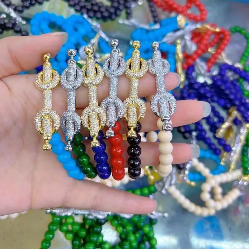 

5Pcs Handmade Classic Fashion Elastic Bracelet Stone Beaded Charm Zircon Bar Connector Bracelets Bangles For Women Men Gift