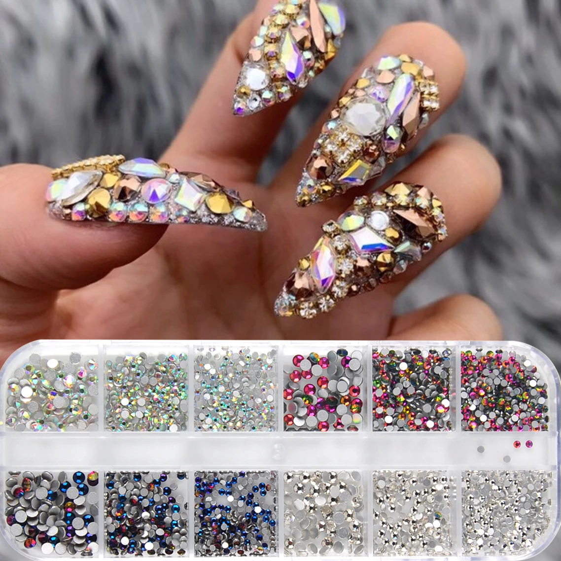 

12 Grids AB Bule Crystal Rainbow Rhinestone Diamond Gem 3D Glitter Nail Art Beauty Strass Glass Crystal 3D Nail Art Rhinestones