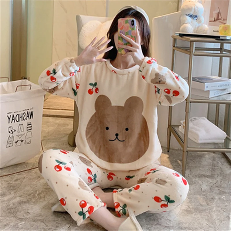 Cartoon Pajamas Set Casual Sleepwear For Women Sweet Pyjama Women's Warm Soft Winter 2022 Fashion Homewear Plus Size