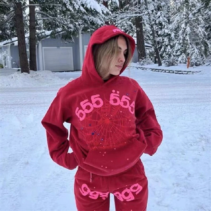 

Red Puff Printing Sp5der 555555 Angel Number Hoodie Men Women 1:1 Best-Quality Red Colour Spider Web Sweatshirts Pullover Suit