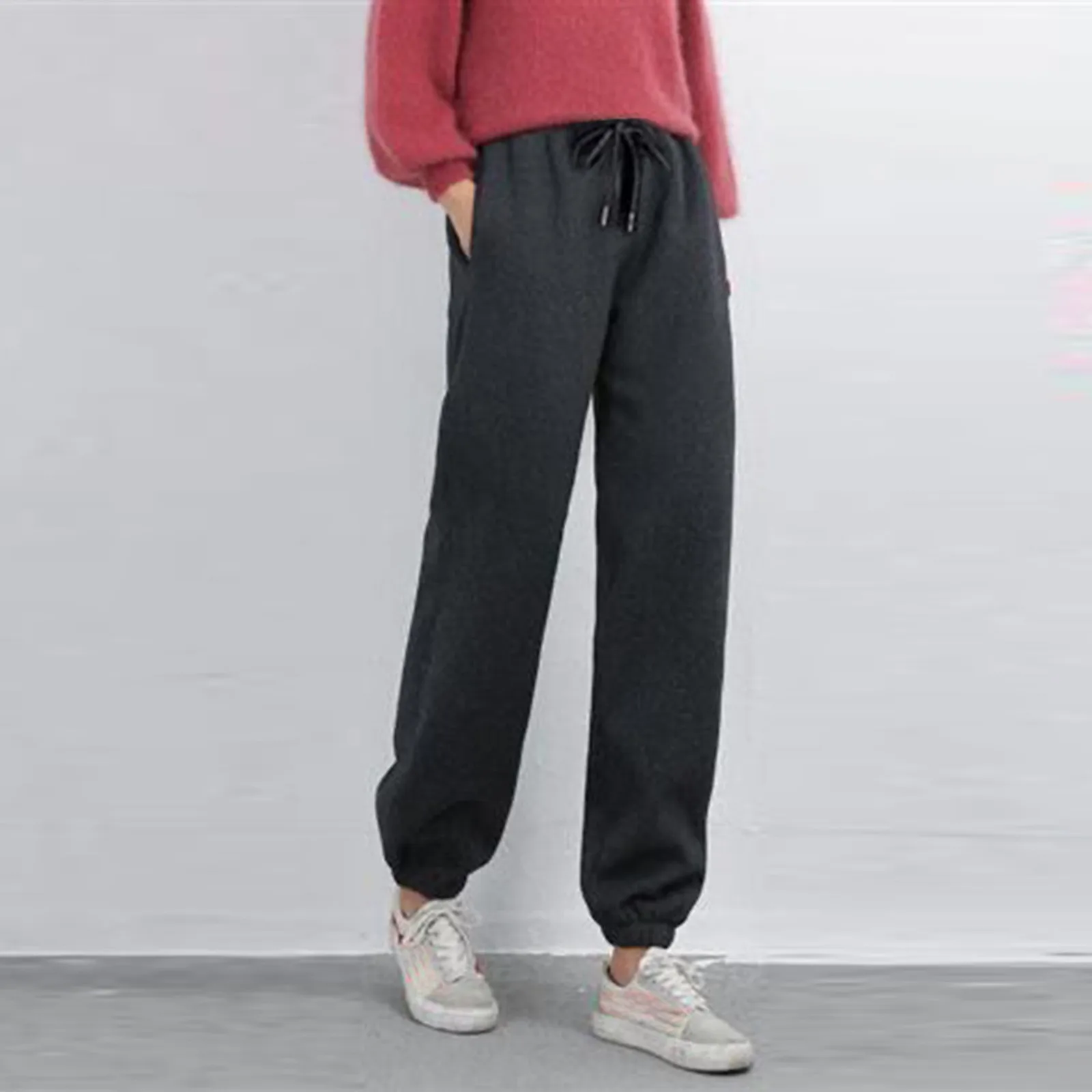 

Solid Women'S Sweatpants Pockets Sporty Trouser Fit Jogger Pants Black Korean Style Drawstring Pantalones Oversize Straight Pant