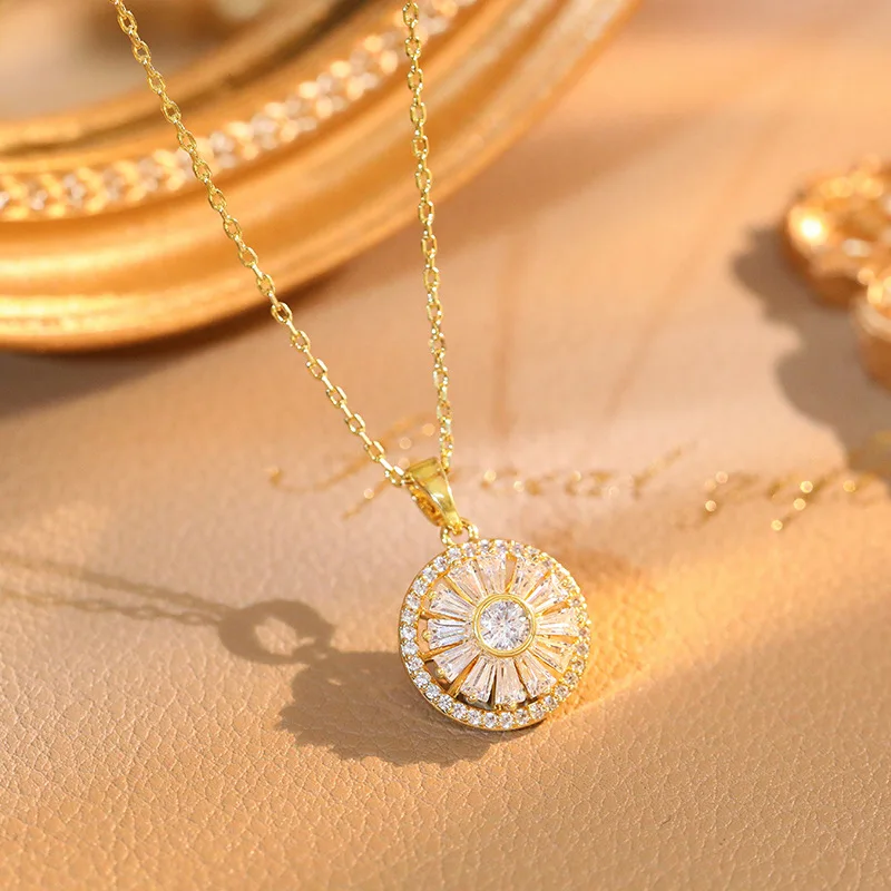 18K Gold Plated Rotating Pendant Necklace for Women Jewelry Stainless steel Necklaces Zirconia Luxury Choker Korea