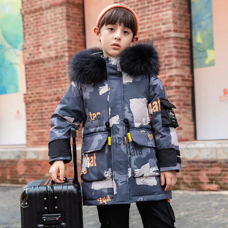 

2022 New children winter clothes Boys fashionable hooded camouflage long thick coat Older children' windproof & warm down jacket