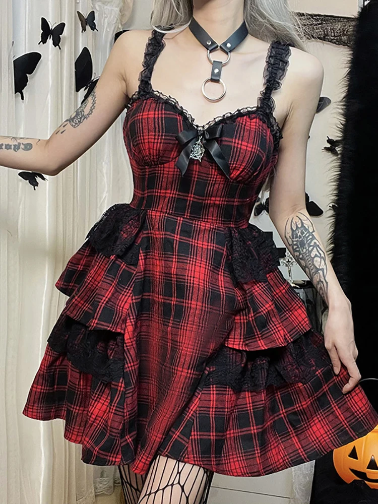 

2022 Retro Grunge Aesthetic Plaid Ruffles A-line Dresses Lolita Gothic Harajuku Blood Lace Trim Dress Lettuce Hem Slim Partywear