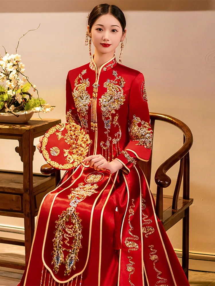 Traditional Toast Clothing Bride Tang Suit Modern Cheongsam Women Sequins Beading Embroidery Tassels Wedding Dress