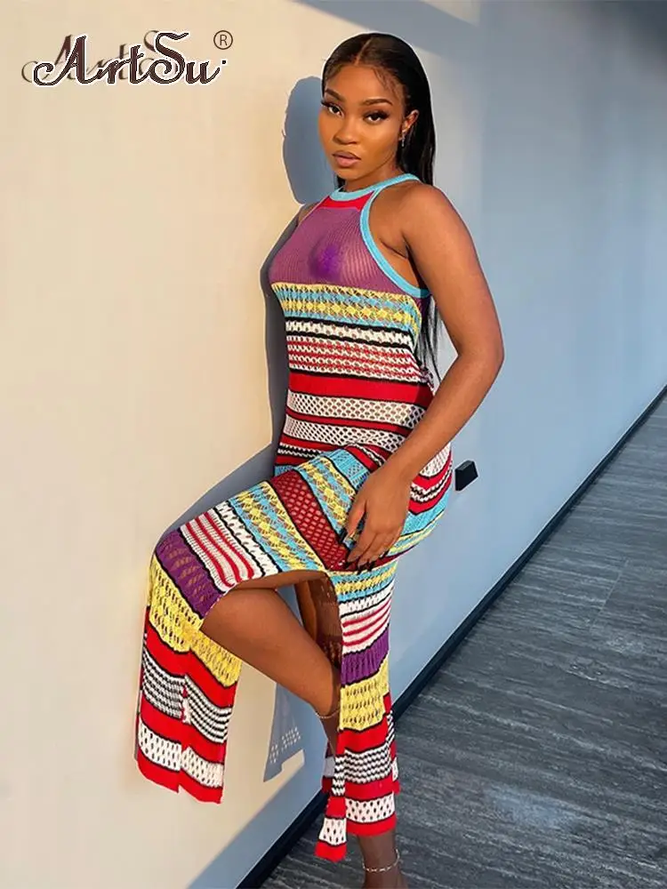 

ArtSu See Through Mesh Colorful Midi Dress Elegant Dresses For Women Sexy Vintage Sleeveless Side Split Bodycon Robe
