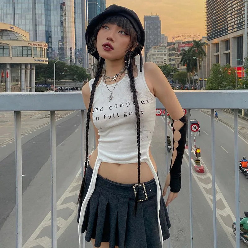 

Goth Cyber Y2k Lace Up Women Backless Tank Top Gothic Punk Printed Skinny Techwear Crop Tops Korean White Streetwear Clothes