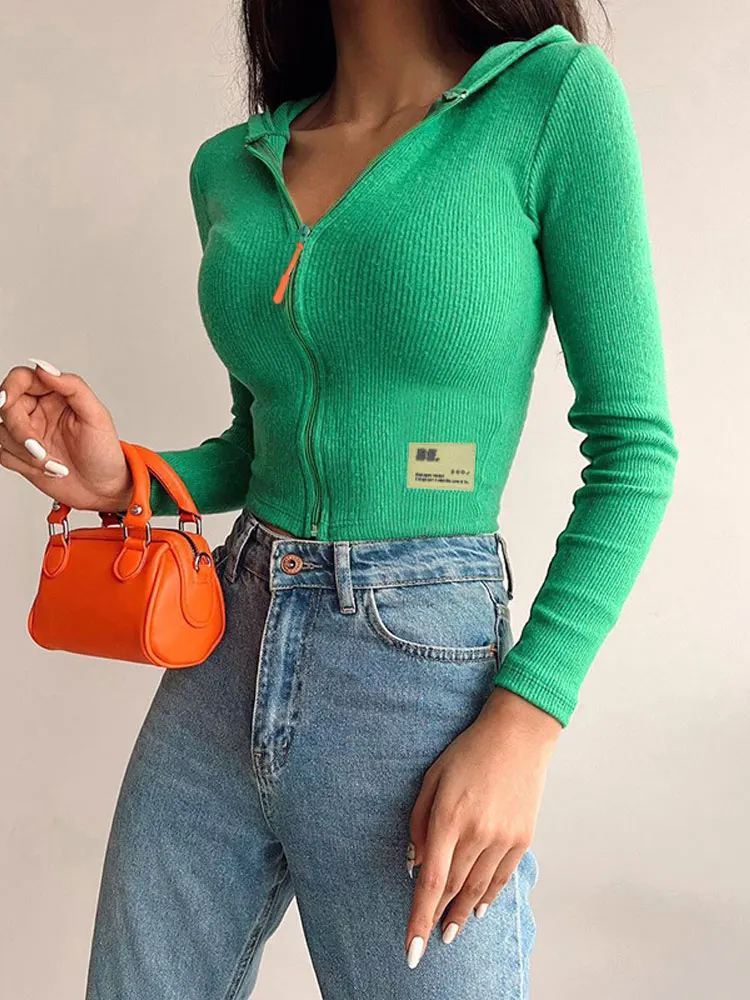 

Zipper Hooded Long Sleeve Knitted cardigan Women Fit Short Ribbed Knitwears Sweater 2023 Autumn Fashion Female Outwear Top
