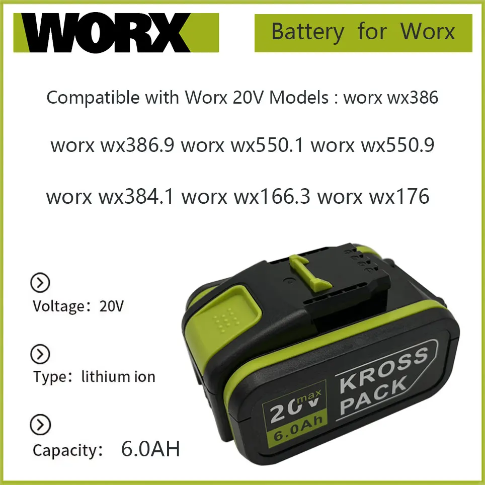 

6.0Ah 20V Lithium ion Replacement Rechargeable Battery for Worx WA3551 WA3553 WX390 WX176 WX550 WX386 WX373 WX290 WX800 WU268