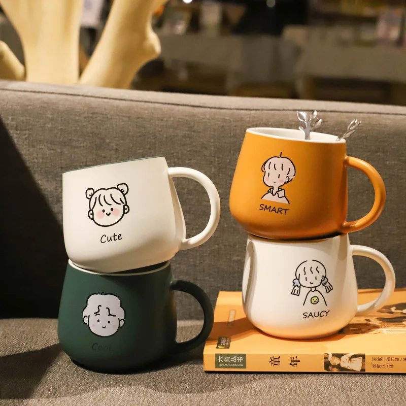 

Cute His and Hers Coffee Mugs With Spoon Cartoon Mug Student Office Coffee Cups Ceramic Cup Large Capacity Unisex Drinking Cup