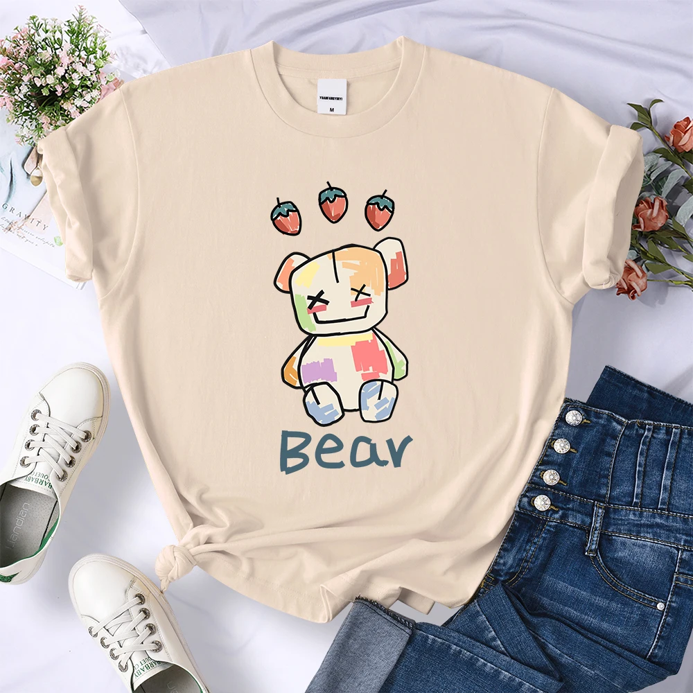 

Kawaii клубничный Медведь мультфильмы женские футболки уличные дышащие с коротким рукавом мультфильм крутые топы мягкие о-образный вырез Лич...