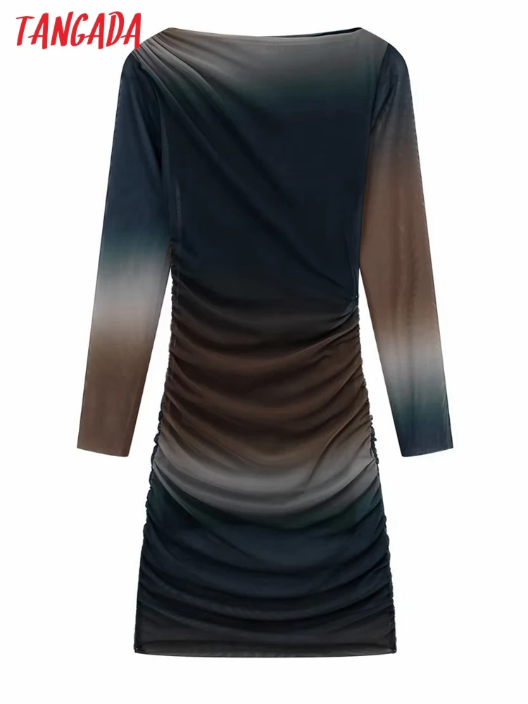 

Tangada 2022 Fashion Printed Mesh Mini Dress Slash Neck Long Sleeve Female Dresses Vestidos 3H197