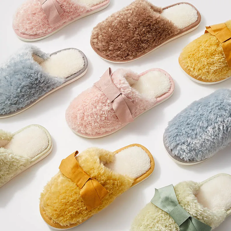 

2022 Winter New Women's Cotton Slippers Fashion Sweet Butterfly-knot Indoor Wear Slippers Men's Couple Keep Warm Home Shoes