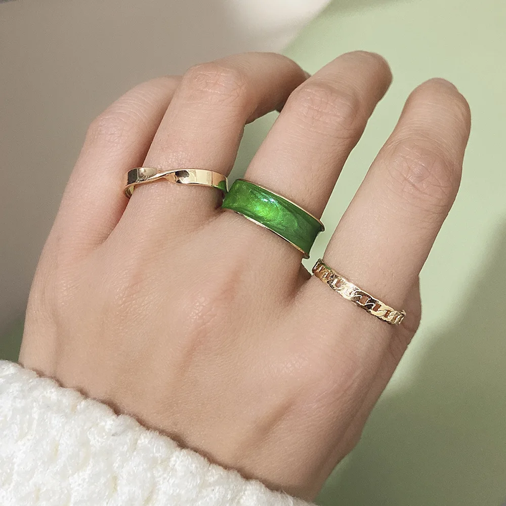 

3pcs/set Korea Fashion Minimalist Geometric Ring Sets for Women Girl Green Enamel Twisted Open Adjustable Rings Wedding Jewelry