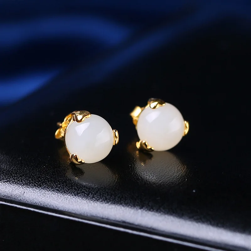 S925 Silver Inlaid Hetian Jade Stud Earrings Small Fresh Earrings Elegant Simple Fashion Jewelry White Jade Stud Earrings SP415 images - 6