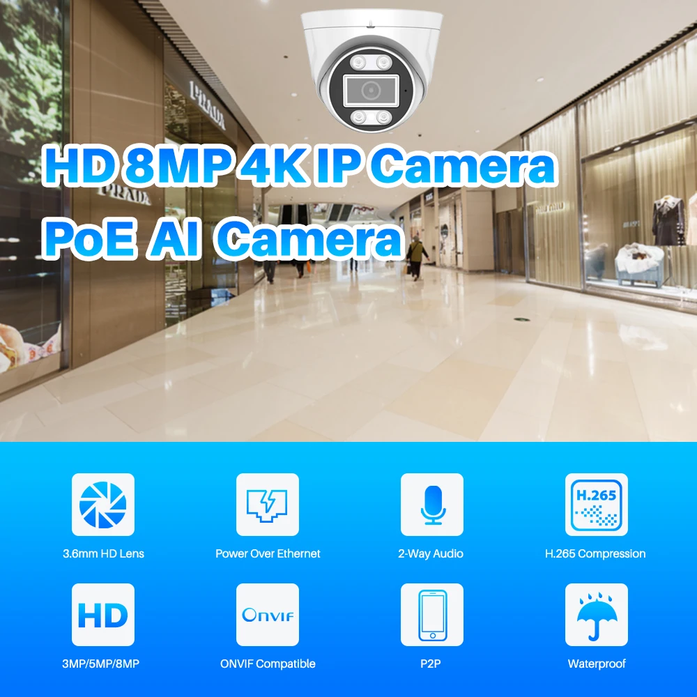 IP-камера 4K 8MP Ultra HD H.265 POE 5 Мп 3мп XMeye приложение AI датчик движения комнатная