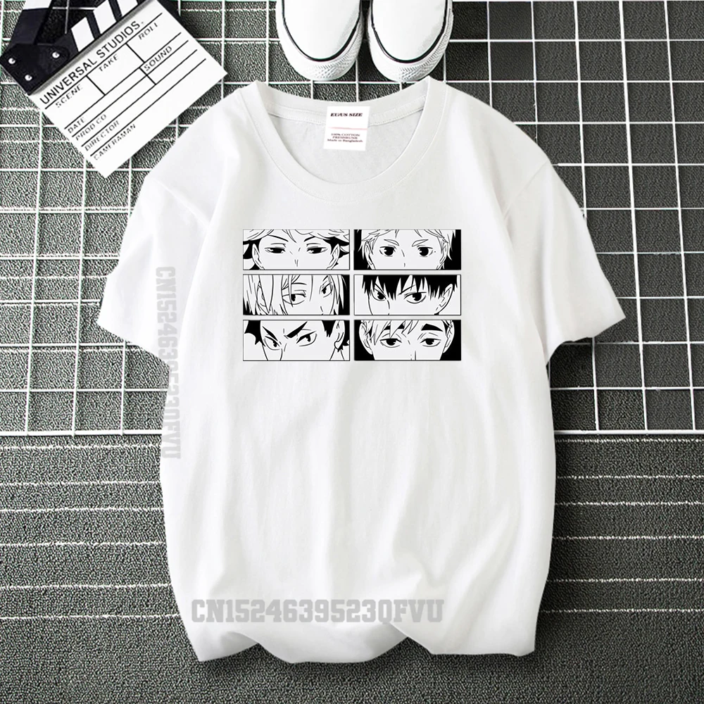 Haikyuu!! Funny Eyes Black And White Cotton Tee Shirt Men Anime Tshirts Graphic Oversized Camisas Hombre Harajuku Clothes