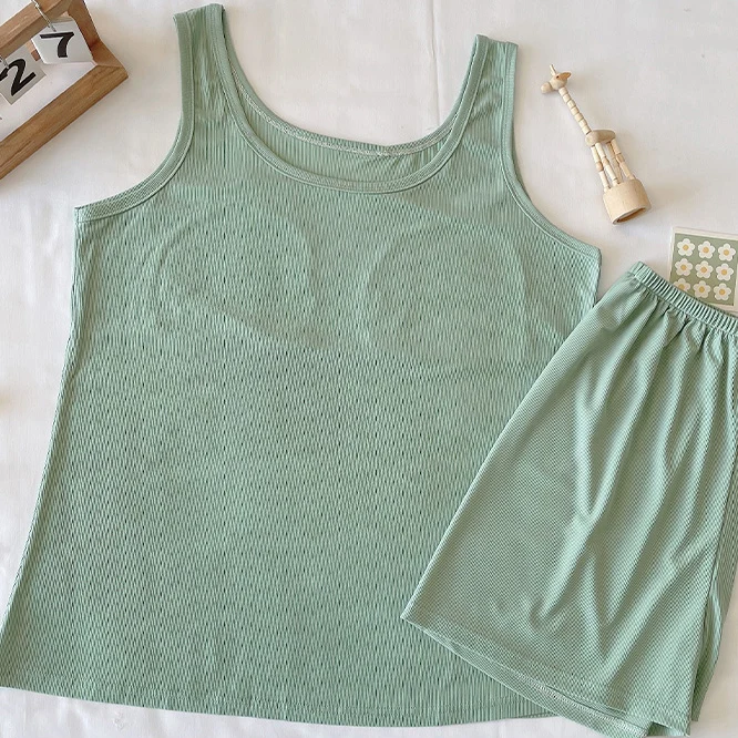CAIYIER Oversize 2XL-5XL Womens Sleepwear Sleeveless Shorts Pajamas Set With Chest Pad Pure Color Nightwear Female Lounge Wear