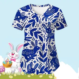 Women Casual Easter Bunny V Neck Print Short Sleeve Pocket Loose Top Carer Suit Med Womens Shirts Womens Tee Shirts