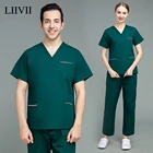 Медицинская Униформа скрабы 2021 с коротким рукавом, V-образным вырезом, карманами, рабочими, хирургические костюмы, топы + брюки для лета, лабораторная Пылезащитная униформа