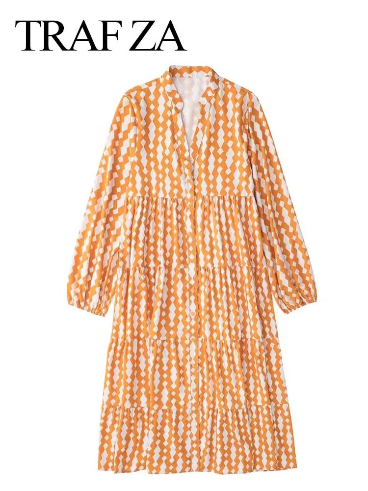 

TRAF ZA Women Print Dress Vintage Orange And White Casual Single Breasted Splicing Straight Vintage Ladies Long Dress Daily Wear