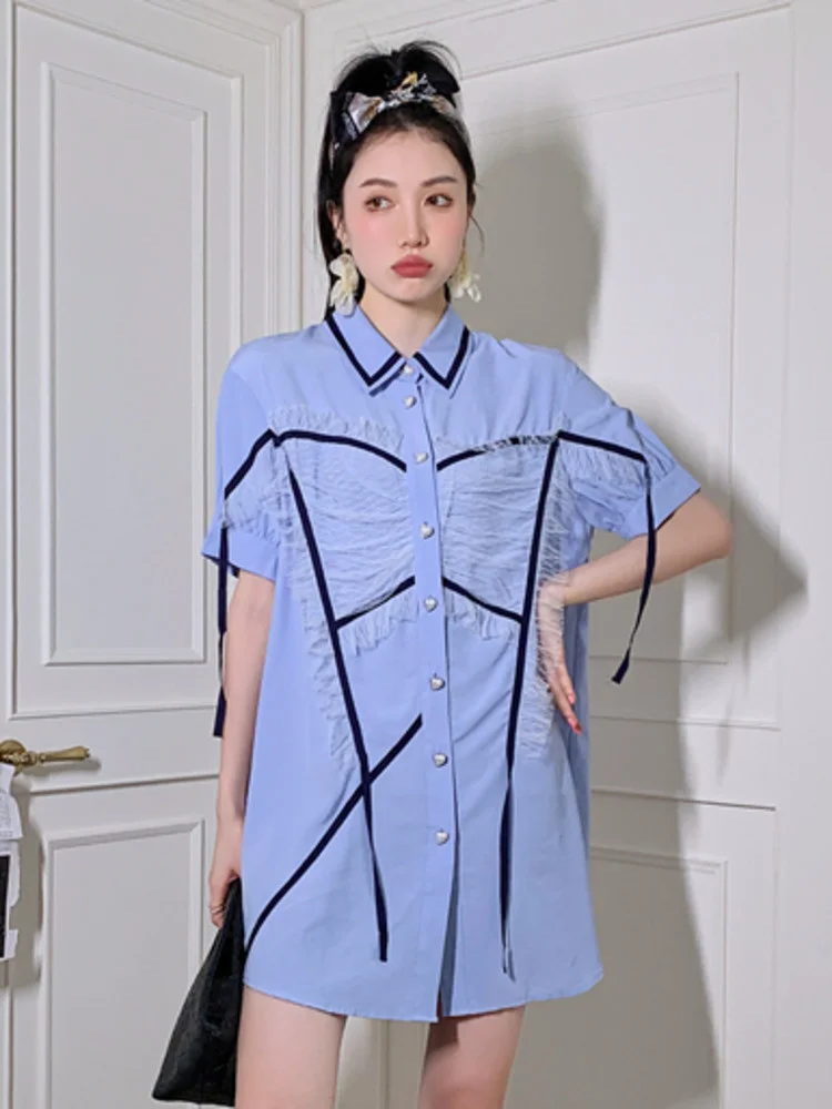 

Mesh Stitching Shirt Dress Trendy Women's Clothing Big Size Thin Dresses Short Sleeve Blue Clothing Women 2022 Summer G572