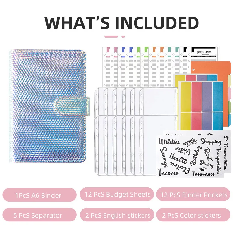 

A6 Binder Budget PVC Planner Pockets Cash Envelope Organizer System with Clear Zipper Expense Sheets Notebook