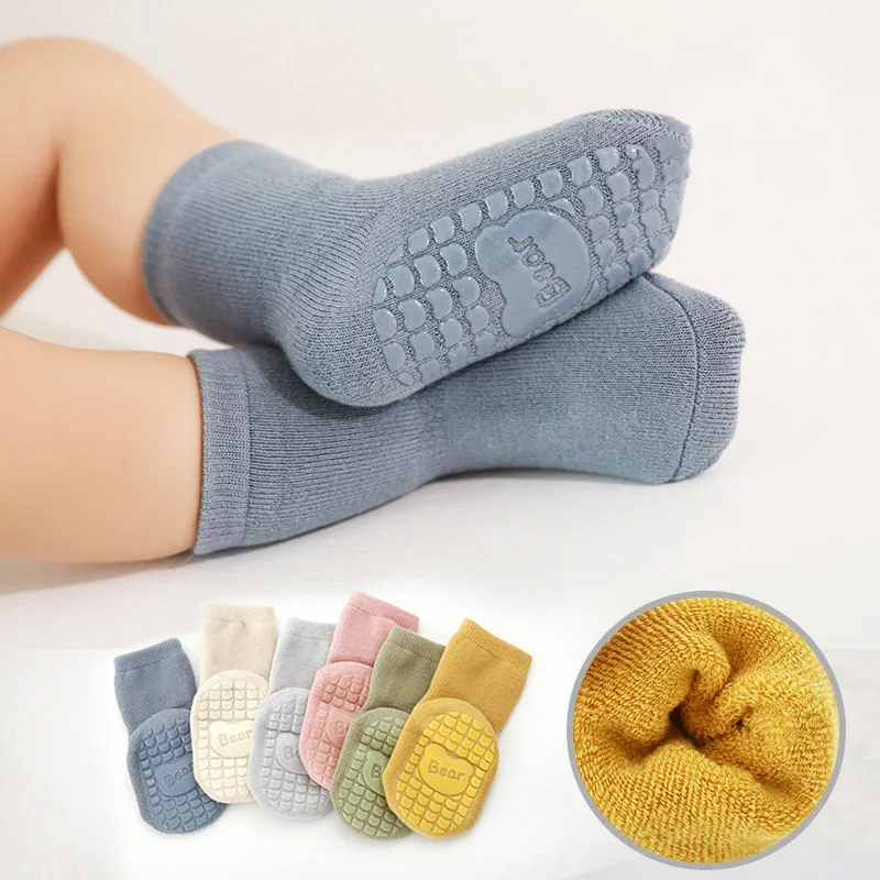 

Зимние теплые махровые носки, однотонные Нескользящие напольные носки для новорожденных, простые утепленные носки для младенцев, маленьких мальчиков и девочек, носки для дома