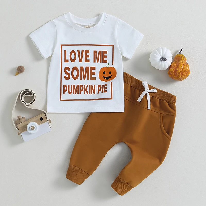 

0-3Y Infant Baby Halloween 2Pcs Outfit Letter Pumpkin Print Short Sleeve Crewneck Tops Long Pants Suits Toddler Kids Clothes Set