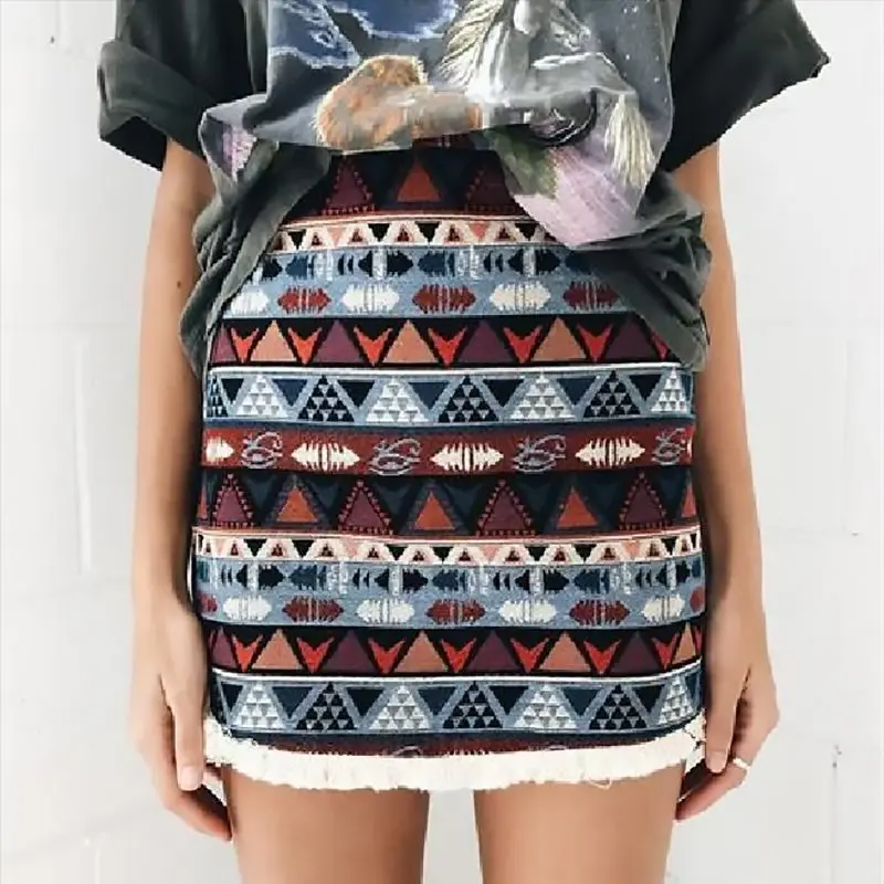 

JUNWU Summer Women's Waist Waist Tassel Design Elastic Fabric Stripe Printing Waist Zipper Skirt Chic Ethnic Style