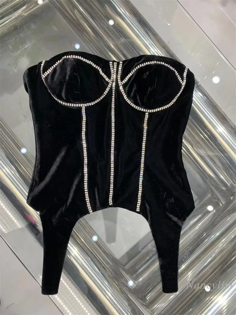 

2022 Autumn Sexy Velvet Tube Top for Women Socialite Elegant Heavy Industry Rhinestone Sleeveless Slim Black Tank Zipper Behind
