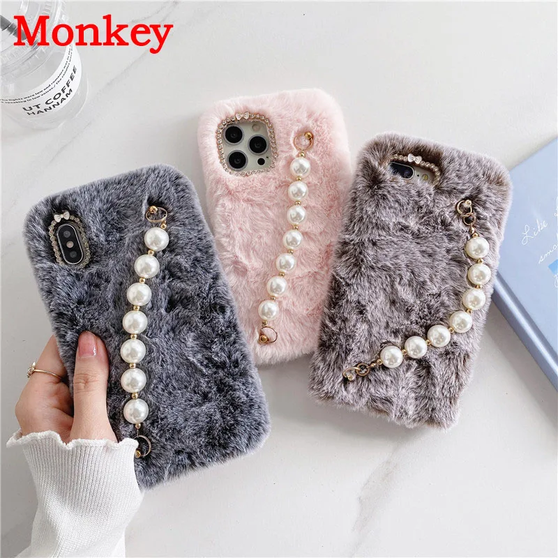 Soft Plush Wrist Strap Pearl Bracelet Phone Case For Samsung S21 S20 Plus Note20 A52 A72 A32 A12 A21S A50 A70 A51 A71 Cover Capa