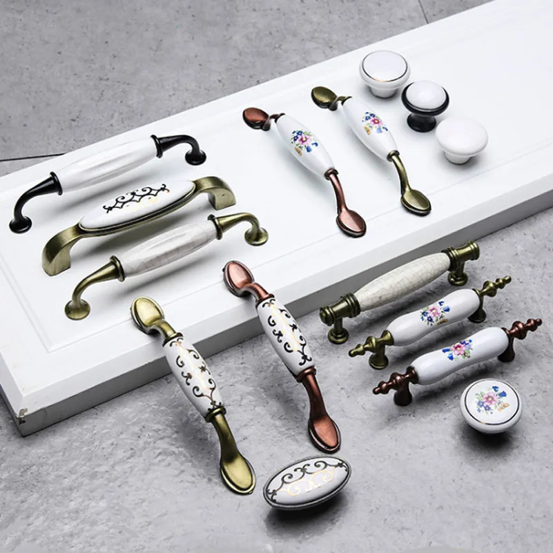 

Home Retro Ceramic Door Handles Chinese Style European Antique Furniture Handles Drawer Pulls Kitchen Cabinet Knobs and Handle